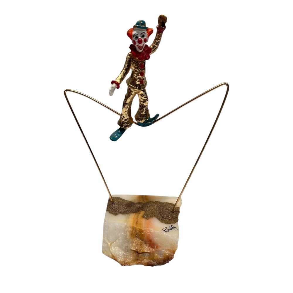 Vintage Signed Ron Lee Clown Tightrope Walker Sculpture '79 on natural Onyx base